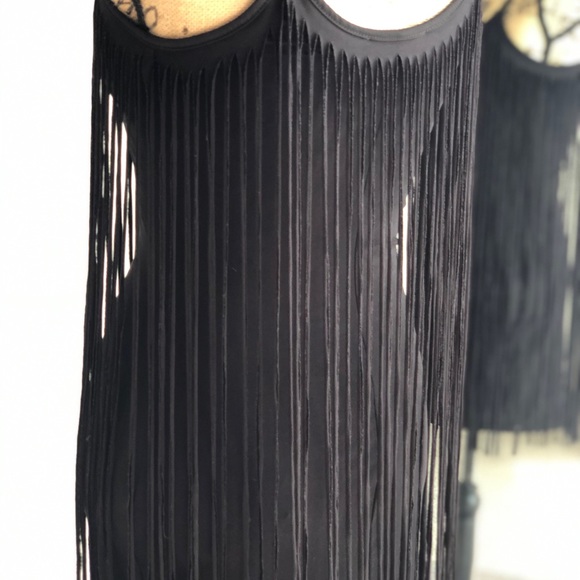 Peep Toe Black Fringe All Over Mini Dress - Picture 9 of 14